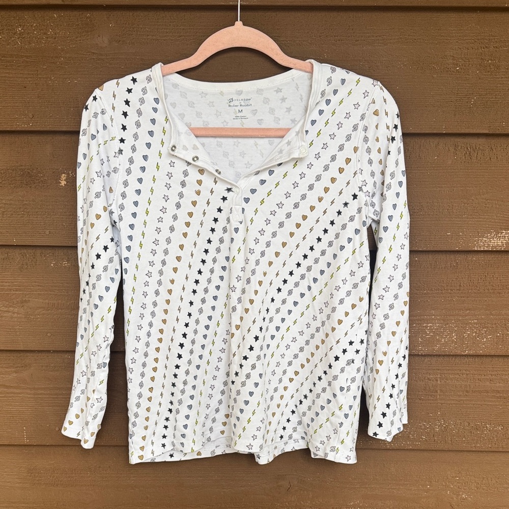 Peloton x Roller Rabbit White Star Pattern Long Sleeve Top size Medium